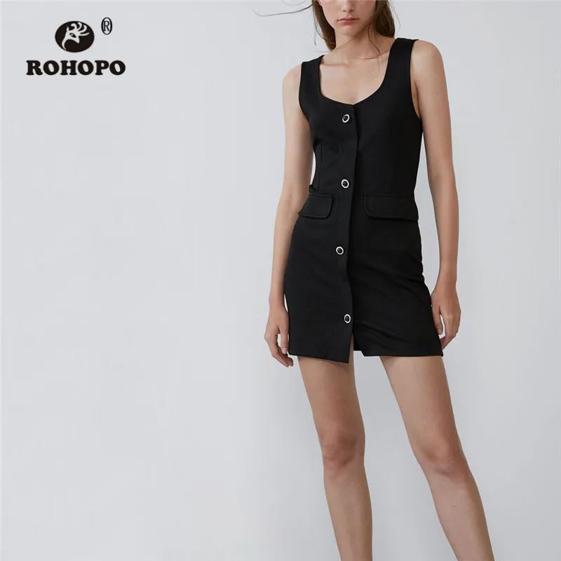 

ROHOPO Sleeveless Wide Strap Buttons Fly Side Pockets Straight Black Dress Preppy Female Solid Mini Vestido #6469