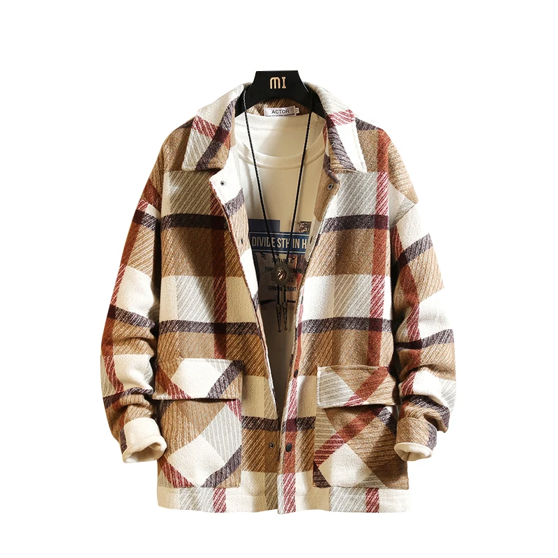 Fashion Mens woolen coat Red Khaki Loose plaid jacket Autumn Spring Winter