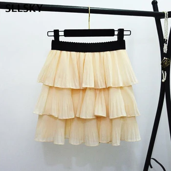 

SLLSKY High elastic waist Ball gown skirt Women Summer New Sweet Solid Cake skirt with shorts Three-layer Lotus leaf skirt