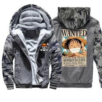 

Japan Anime One Piece Monkey D Luffy Wanted Camo Mens Hoodies Winter Fashion Fitness Fleece Zipper Streetwear Bodywarmer Coat
