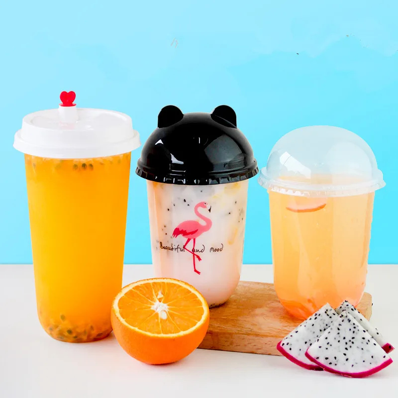 

50pcs High quality U shape creative disposable milk tea cup 360ml/500ml/700ml coffee soy transparent plastic cups with covers