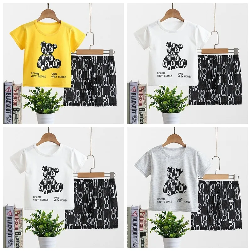 2pcs/set Fashion Boys Cartoon Black Bear Kids Suit Infantil Short Sleeve Clothes 2 Piece Set Girl Summer Outfits 1 2 3 4 5 Years
