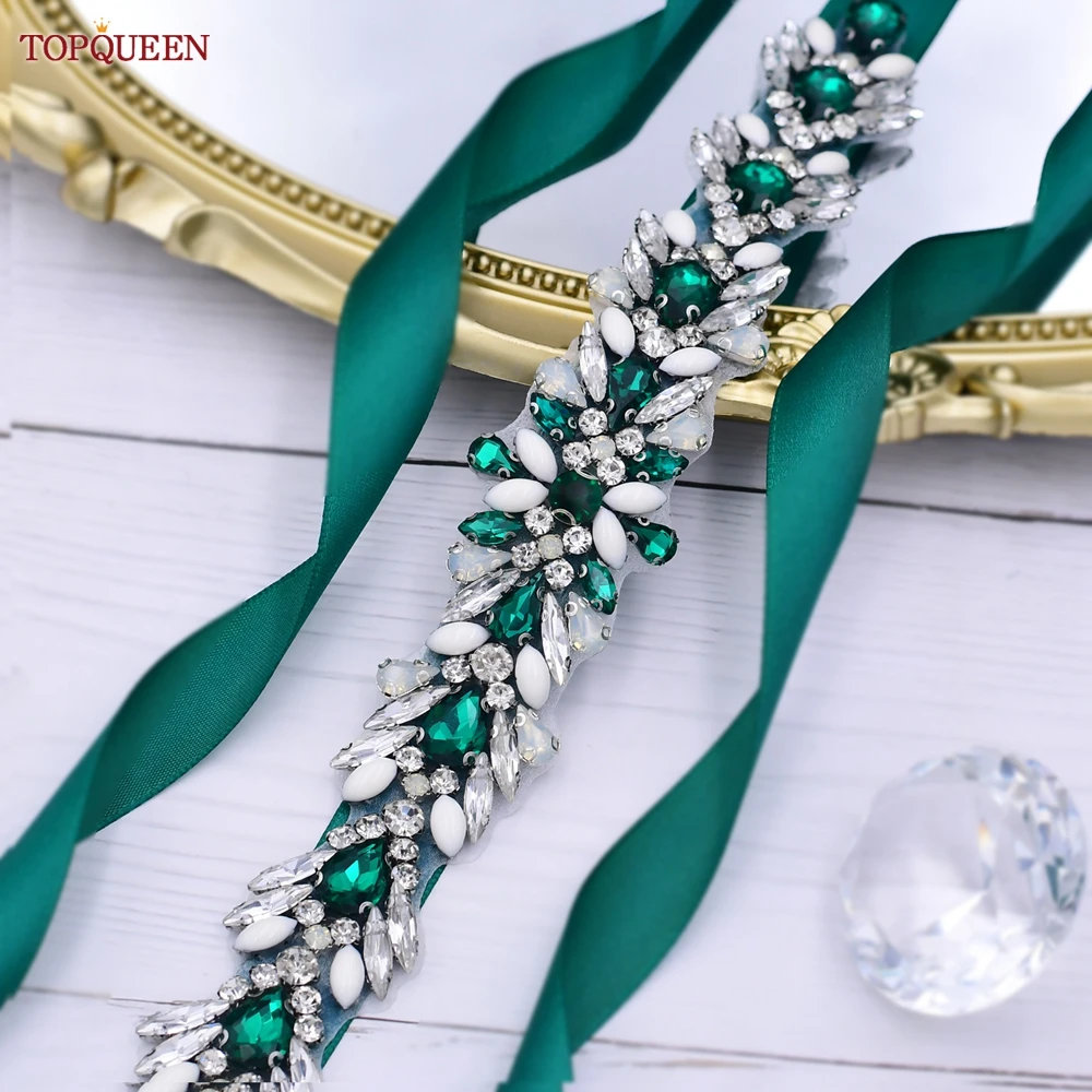 

TOPQUEEN S476-KL Green Rhinestone Jewel Bride Belt Wedding Women's Ladies Dress Gown Sash for Formal Bridesmaid Bridal Applique