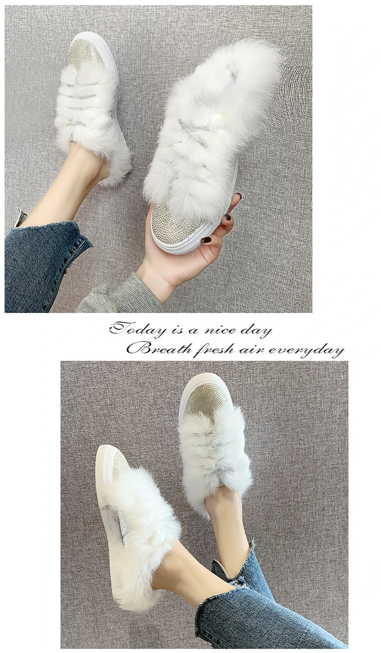 LazySeal-зимняя обувь с украшением в виде кристаллов женские лоферы на плоской подошве с натуральным мехом женские туфли без задника на шнуровке с круглым носком