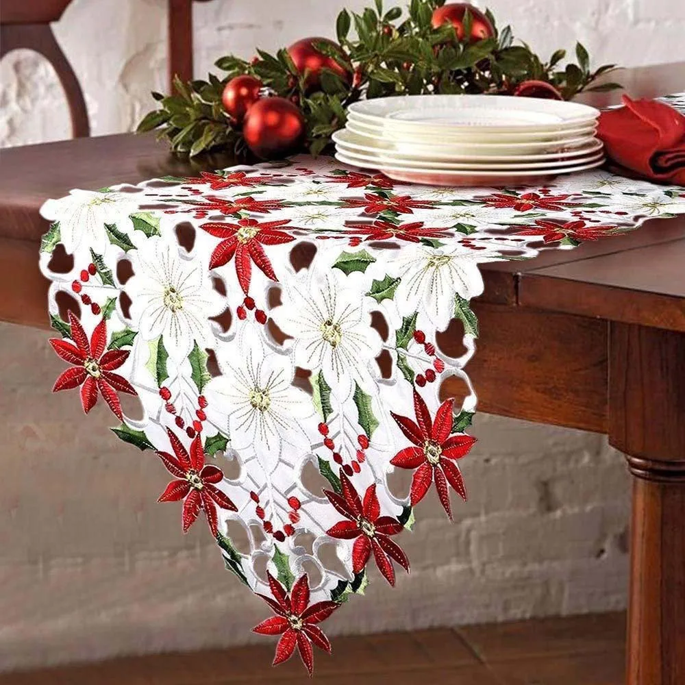 Christmas Table Flag Embroidered Table Runner Poinsettia Holly Leaf Table Linens Decoration Xmas Table Flag Table Covers