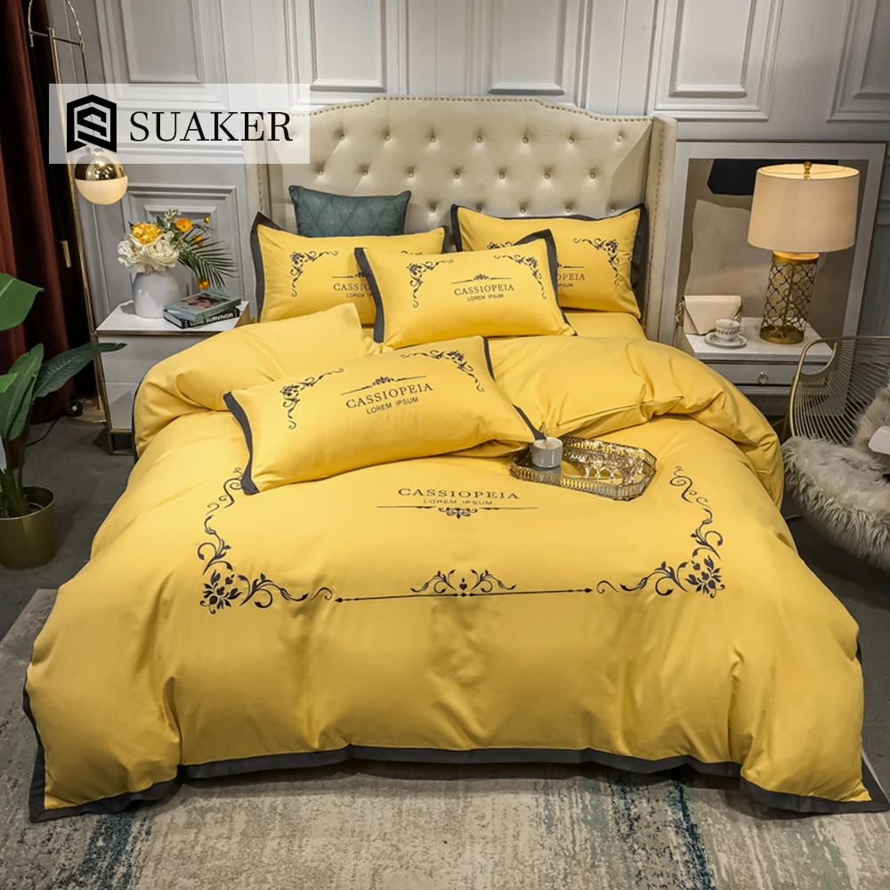 

Suaker Luxury Yellow Bedding Set European Style Embroidery Queen King Duvet Cover Set Flat Sheet Or Fitted Sheet Soft Pillowcase