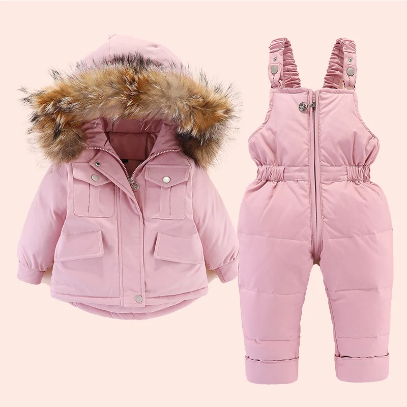 2 stücke Set Kinder Winter Daunen jacke und Overall für Baby verdicken Jacke für Mädchen Mantel warmen Echtpelz Kragen Jungen Schnee anzug 0-4y