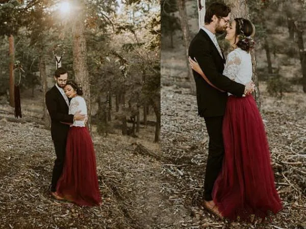 2018-country-wedding-dress-vintage-two-pieces-ivory-lace-top-dark-red-burgundy-tulle-skirt-floor-length-bridal-gowns-bridesmaid-dresse (1)_副本