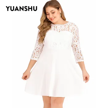 

YUANSHU Sexy Lace Backless Plus Size Party Dress Women Pure Color Hollow Out Sleeve Large Size Mini Dresses XL-5XL