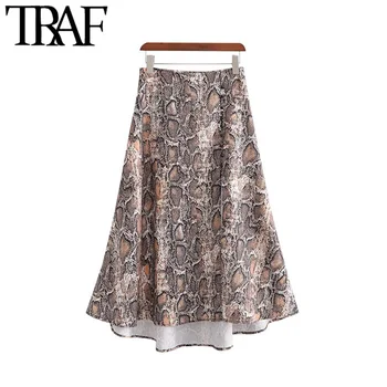 

TRAF Women Vintage Stylish Snake Print Irregular Midi Skirt Fashion A Line Side Zipper Animal Pattern Ladies Skirts Faldas Mujer