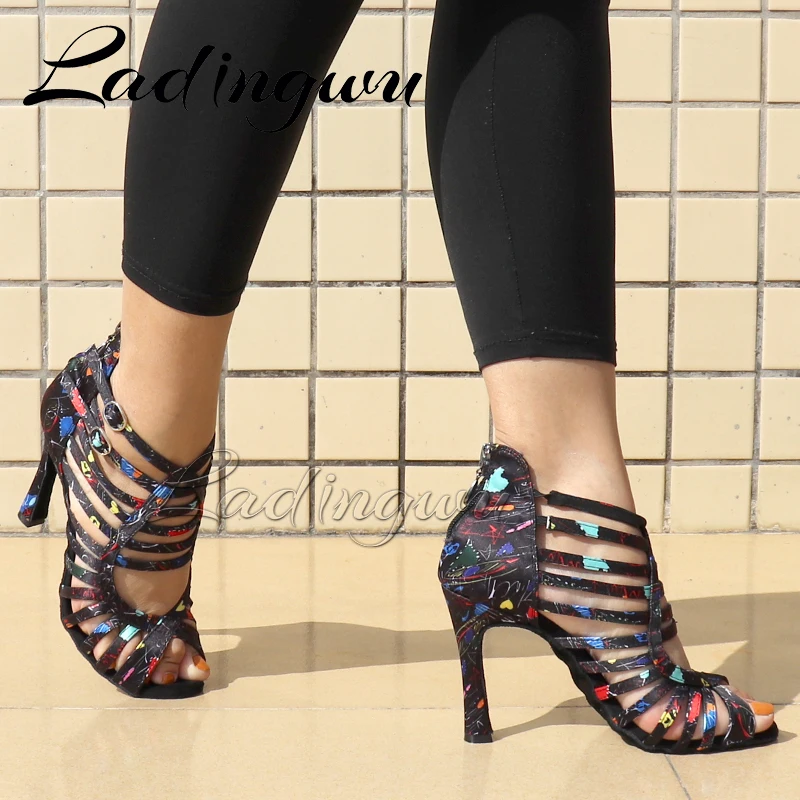 Ladingwu New Modern Floral Satin Salsa Dance Boots Woman Girls Simple Style Latin Dance Shoes Soft Bottom Ballroom Shoes