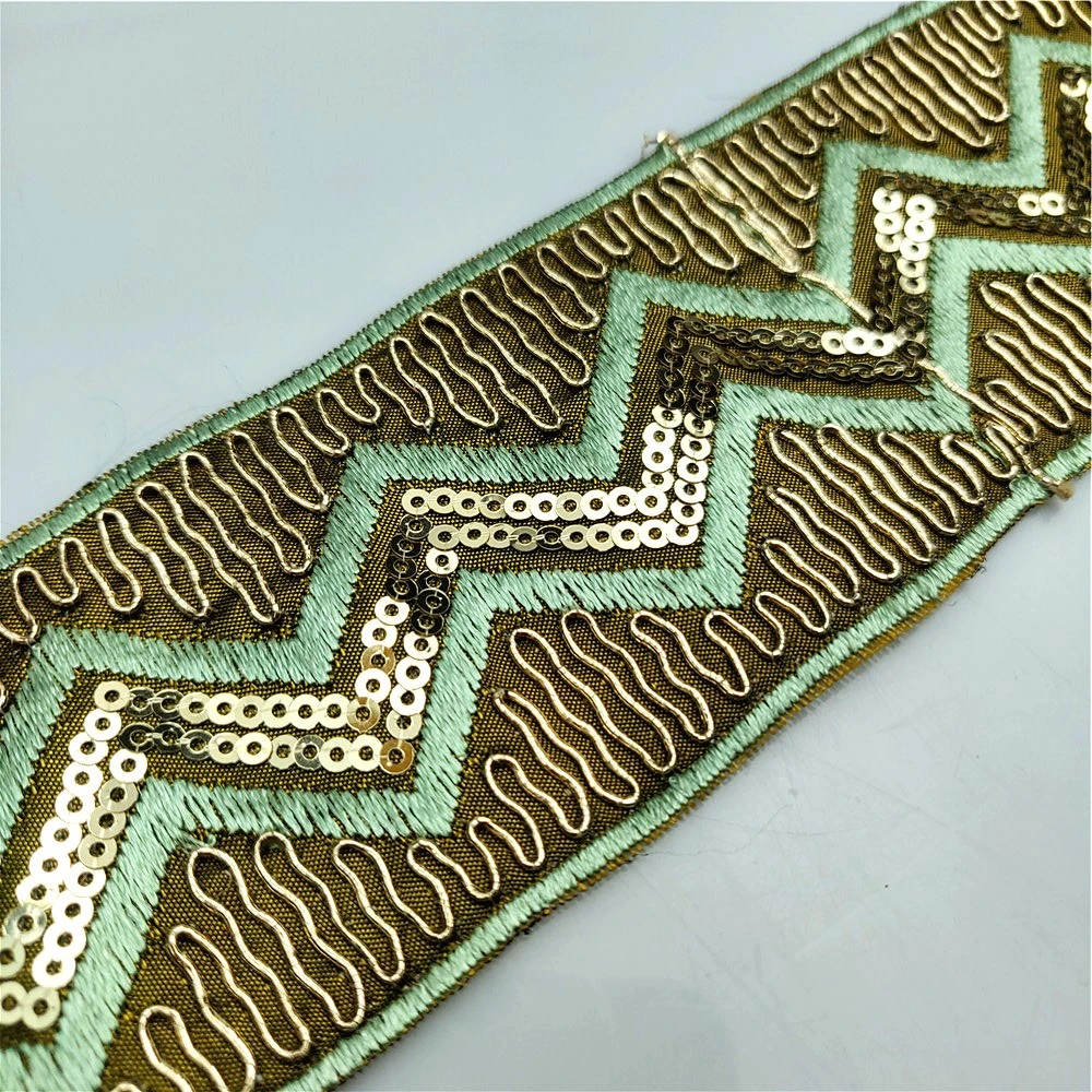 5.5cm Wide Embroidered Gold Sequins Grass Green Thread Distinctive Lace Home Furnishing Garment