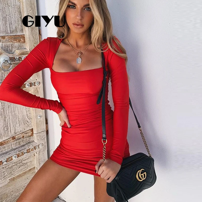 

GIYU Autumn Long Sleeve Women Dress Slim Solid Vestido Lady Empire Skinny Sexy Baisc Party robe femme