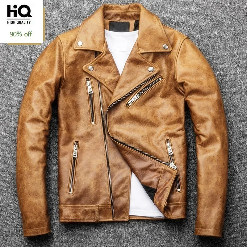 

High Quality Men Genuine Leather Jacket Fashion Solid Lapel Collar Outerwear Casual Pocket Zipper Motorcycle Coats Male S-4XL