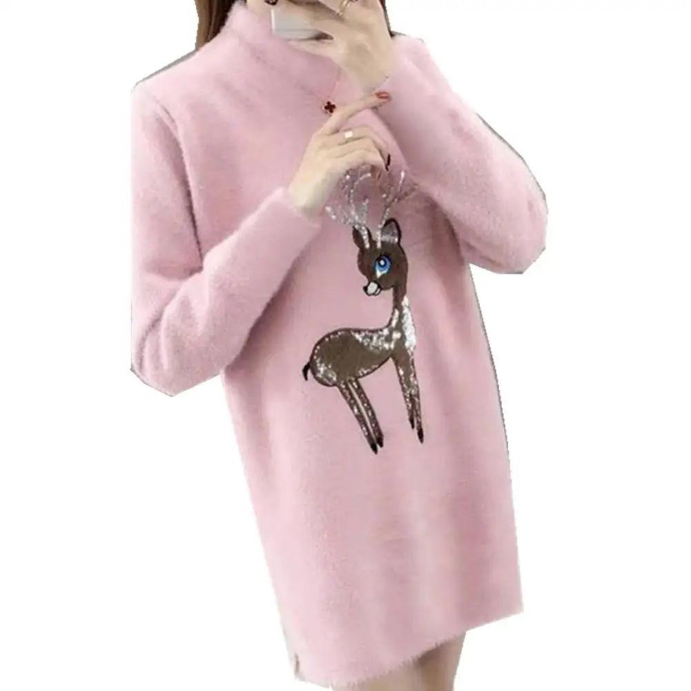 Mohair Winter Warm Christmas Sweaters Women Fleece FashionTurtleneck Knitted Sweater Dress Pullovers Long Knitwear Oversize