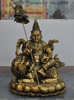 

christmas 20"Old Tibet Buddhism Bronze Ride Lion Yellow Jambhala Wealth God Buddha Statue halloween