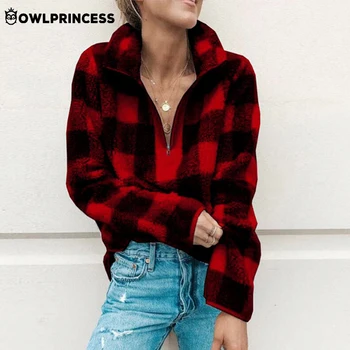 

OWLPRINCESS Plaid Sweatshirt Long Sleeve Zipper Top Women Sweatshirt Comfortable Warm Harajuku Sweatshirts