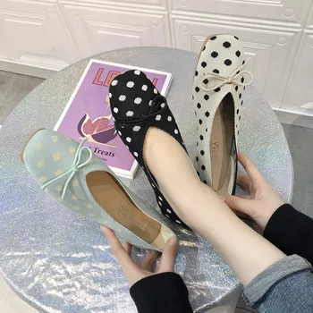 

Flats Shoes Women Dot print bow Suede Heel Ballerina Ladies Slip On wild fashion fairy footwear Lazy A pedal Peas Shoes J14-76