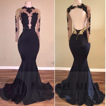 

Black Prom Dresses Mermaid Long Sleeves Appliques Beaded Backless Long Prom Gown Evening Dresses Evening Gown