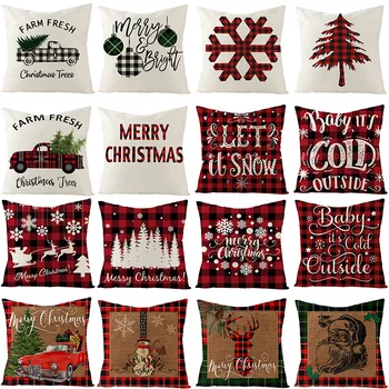 

Linen Cushion Cover Deer Xmas Tree Design Sofa Pillowcase Plaid Decorative Letter Throw Pillow Cover Christmas Decor For Home