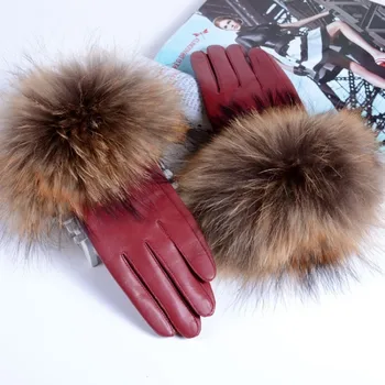 

New Women Genuine Leather Raccoon Fur Gloves Female 2020 Brand Winter Ladies Fashion Black Red Green Sheepskin Driving Gloves