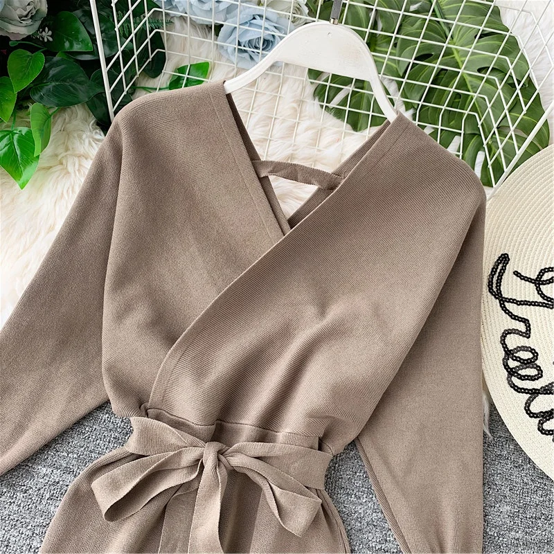 ALPHALMODA рукав «летучая мышь» низкий воротник, глубокий v-образный вырез, длинный рукав пояс для платья Тонкий прилегающий вязаный Обёрточная бумага хип Платья-свитеры в осень-зима