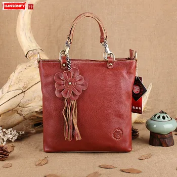 

Vintage Women Handbag Leather Flower Tassel Fashion Shoulder Bag Korean Version of Messenger Bags Top Layer Cowhide Female Soft