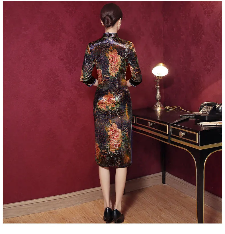 Сексуальное с цветочным принтом велюровое китайское Cheongsam Qipao классическое женское вечернее платье большого размера 3XL винтажное 4XL тонкое короткое Vestidos