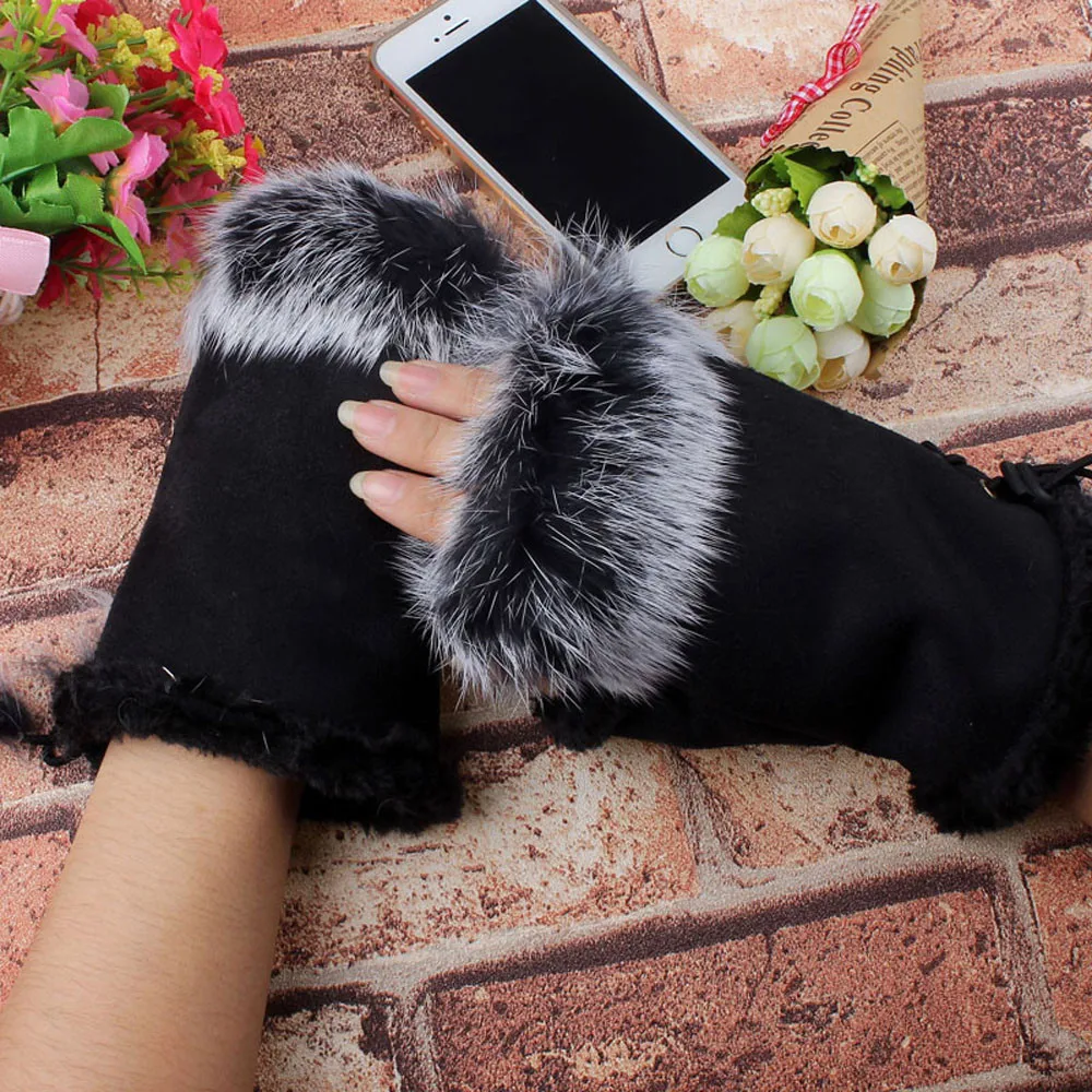 Модные замшевые кожаные перчатки из искусственного кроличьего меха, женские рукавицы без пальцев, высокое качество, женские рукавицы на пол пальца