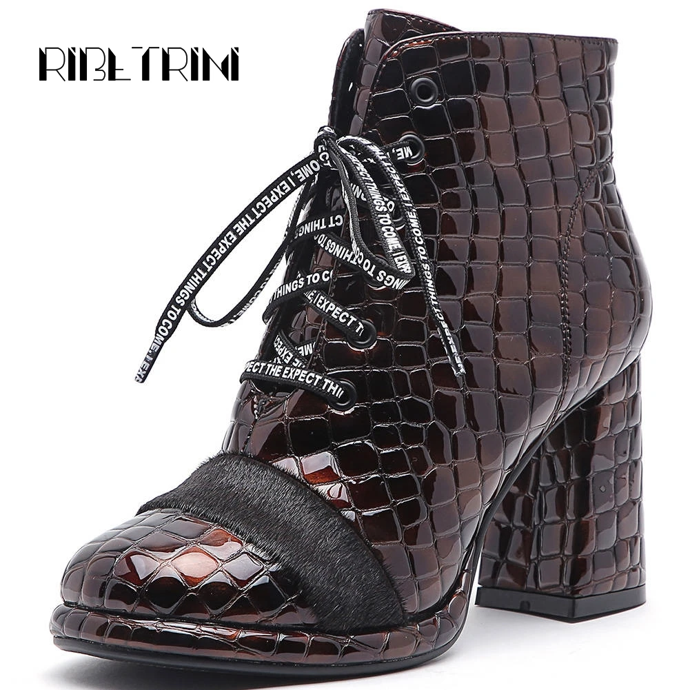 

RIBETRINI Stone Printed Horse Hair Ankle Boots For Women Vintage Square High Heel Shoes Woman Square Toe Lace Up Chelsea Boots