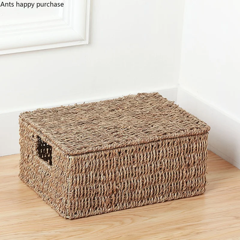 Handmade Straw Storage Box Covered Clothes Storage Box Household Debris Storage Basket Rectangular American Bedroom Storages