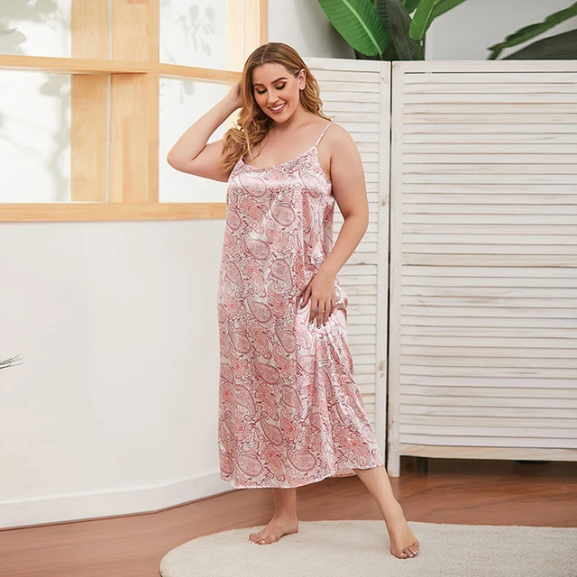 GIBSIE Plus Size Night Dress Women Loose Satin Spaghetti Strap Print  Sleepwear 4xl 5xl One Piece Cami Nightgown Women Nightwear