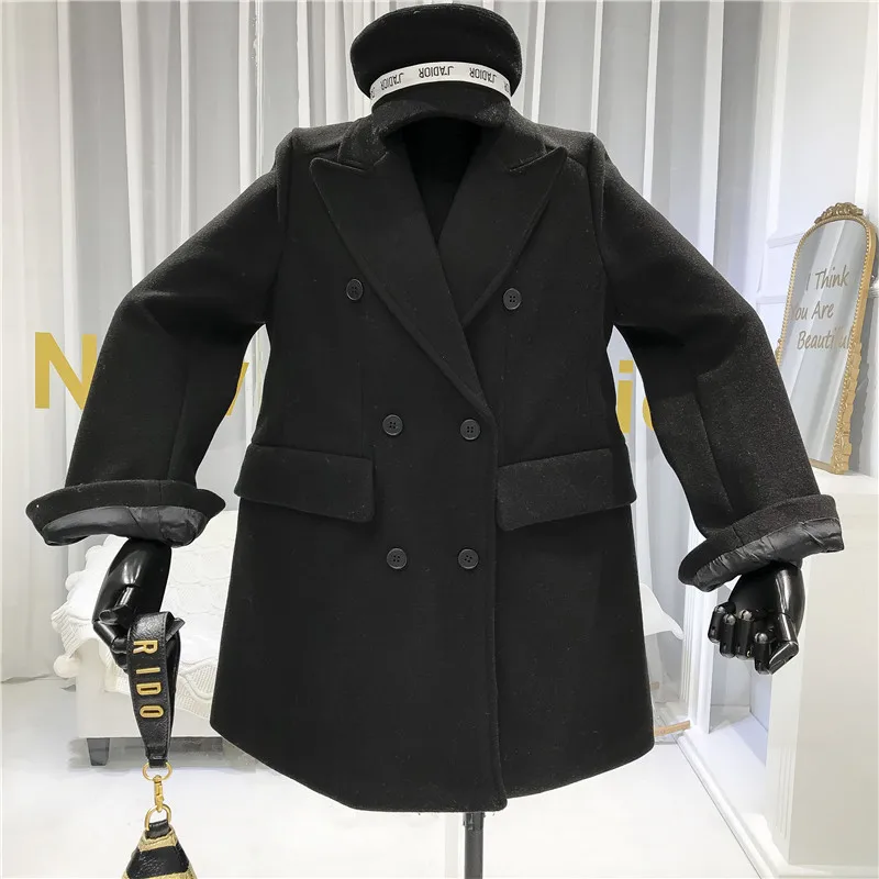 Двубортное зимнее пальто для женщин Abrigos Mujer Elegante отложной воротник на пуговицах однотонный Блейзер Куртка Теплый Толстый черный