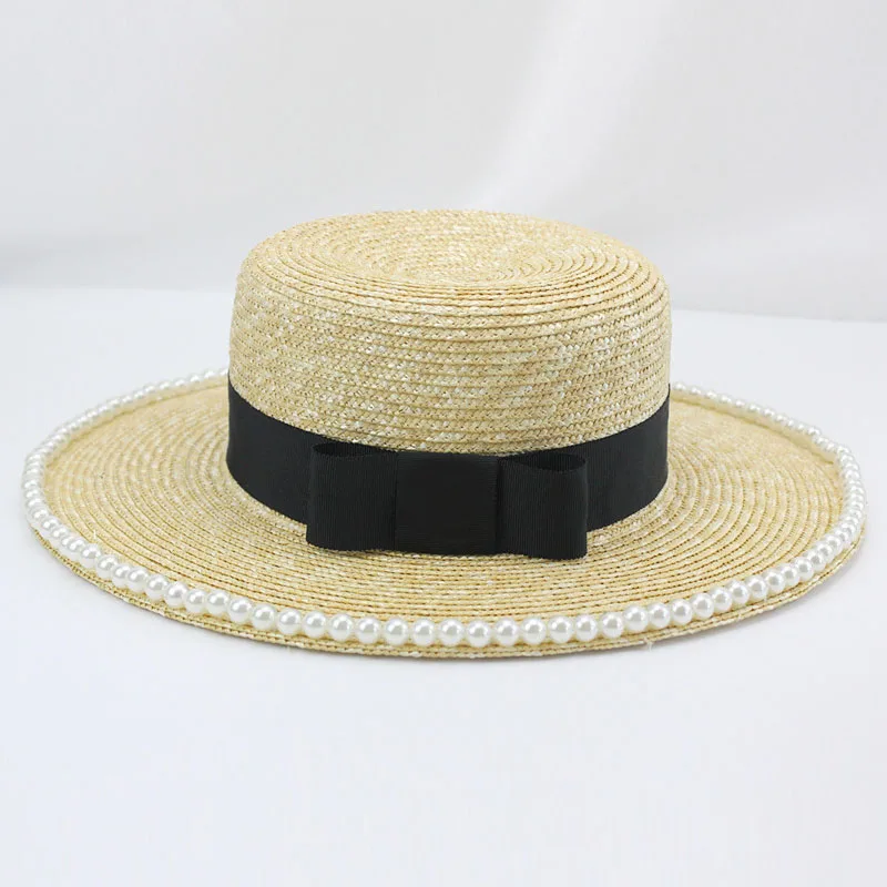 Fine Wheat Straw Boater Hat Women Black 