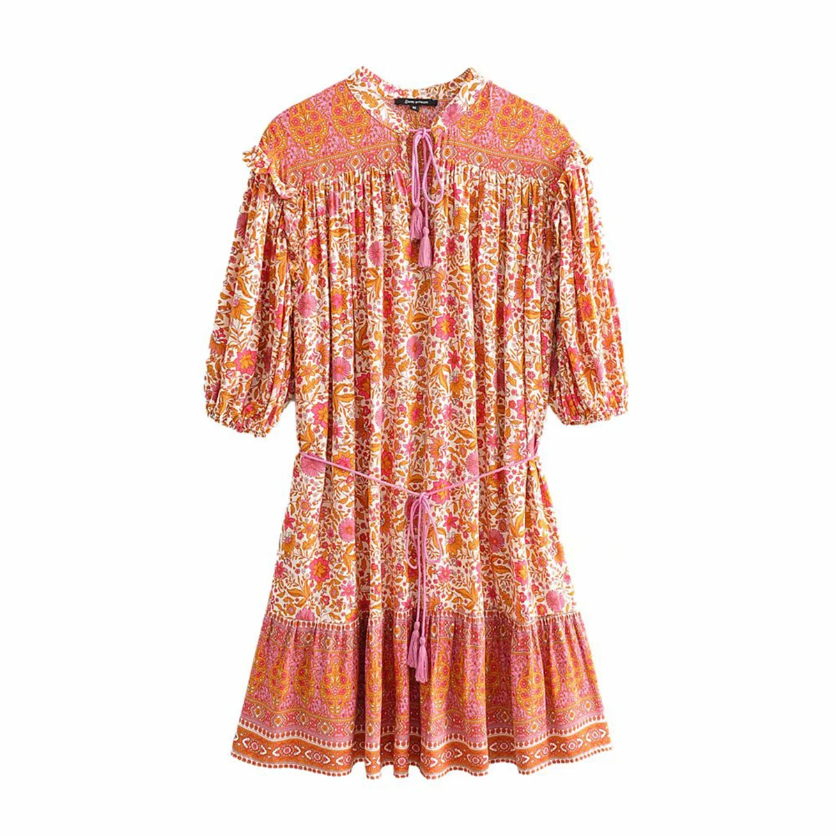 

Jastie Hippie Vintage Floral Print Mini Dress 2020 Summer V Neck Half Sleeve Tassel Vestidos Beach Casual Boho Short Dress Women