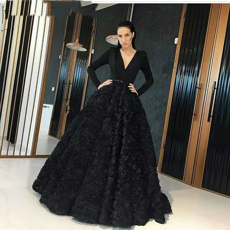 Black Muslim Evening Dresses A-line V-neck Long Sleeves Flowers Dubai Saudi Arabic Long Evening Gown Prom Dress