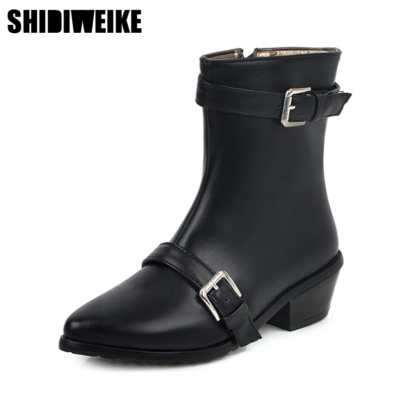 

Sexy Pointed Toe Ankle Boots For Women Side Zipper Buckle Square Heels Autumn Winter Women Footwear Size 34-43 J486
