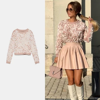 

2020 ZA Spring Lace Stitching Sweater Women New Short Round Neck Casual Hit Color Knitted Pullover Sweet Temperament Top Wild