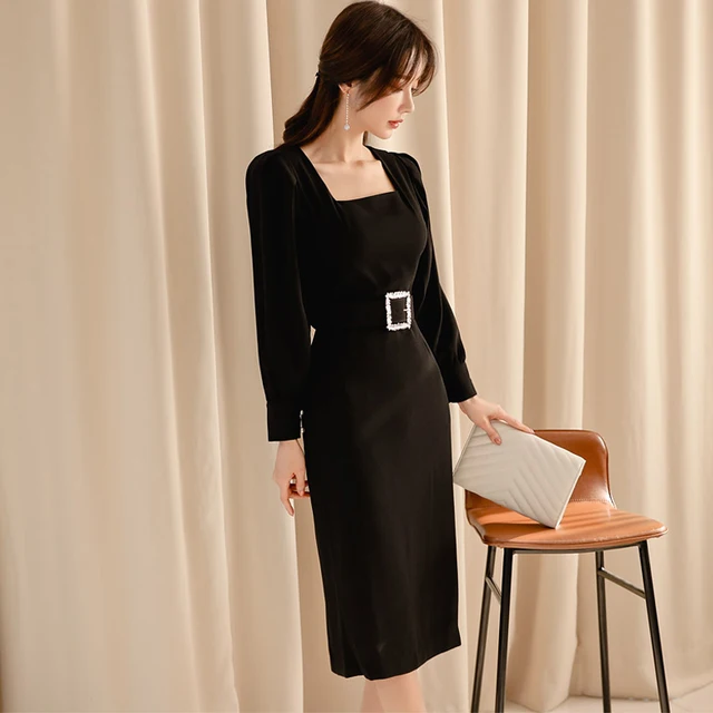 Vintage Black Sashes Long Sleeve Bodycon Office Lady Work Dress Chic Business Formal Party Dress 2