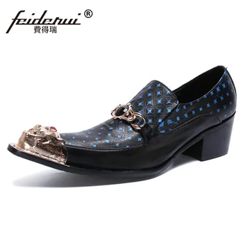 

Big Szie Metal Trim Slip on Man High Heels Banquet Party Loafers Genuine Leather Handmade Men's Rhinestone Casual Shoes SL762