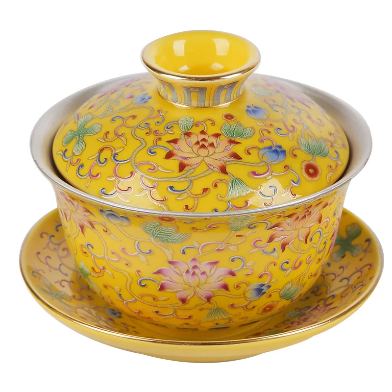 

Jingdezhen Ceramic Enamel Color Silver Cover Bowl Pure Silver 999 Kungfu Pure Hand Gilded Silver Trinity Cover Bowl Tea Cup Smal