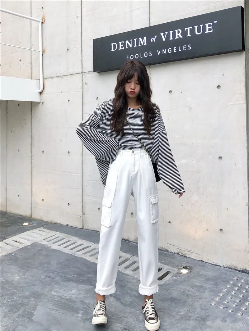S-xl 2019 Осень корейский Bf Стиль Высокая талия белые джинсы для женщин Свободные