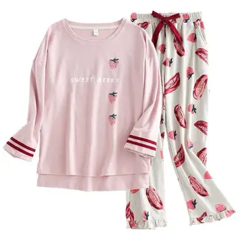 

Ladies Homewear Cotton Autumn Long Sleeve Pajamas Women's Cute Strawberry Cotton Casual Homewear Set