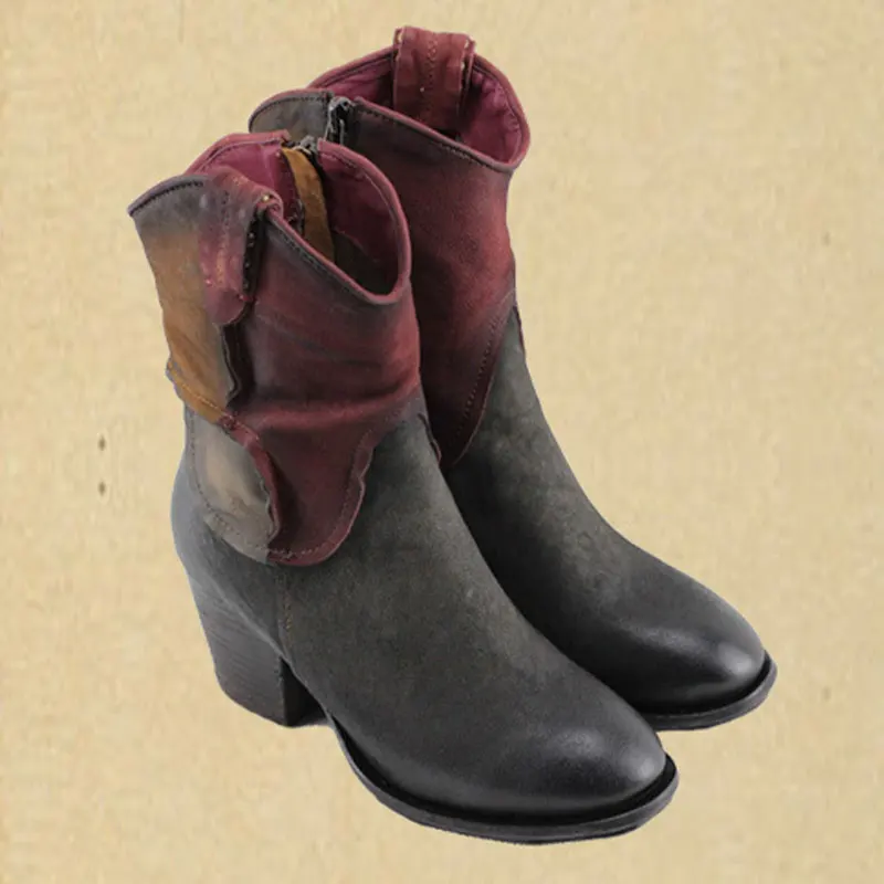 

New Retro Reminiscence Mixed Colors Thunky heel Fashion Chelsea Ankle boots Women's Genuine Leather Pointed-Toe Mid Heel Booties