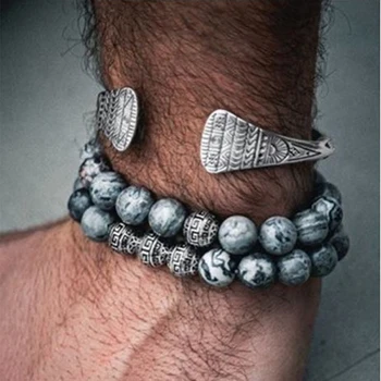 

Noter 2pcs/pair Mens Bracelet Vintage Ball Buddha Ethnic Braslets Real Natural Map Volcanic Stone Brazalete Male Pair Braclet