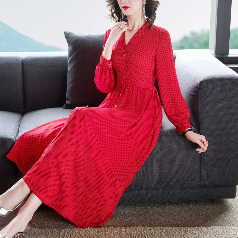 

2020 Early Spring New Style Red Nobility Elegant Chiffon Dress Women's Waist Hugging Explicit Thin Long over-the-Knee Floral Dre