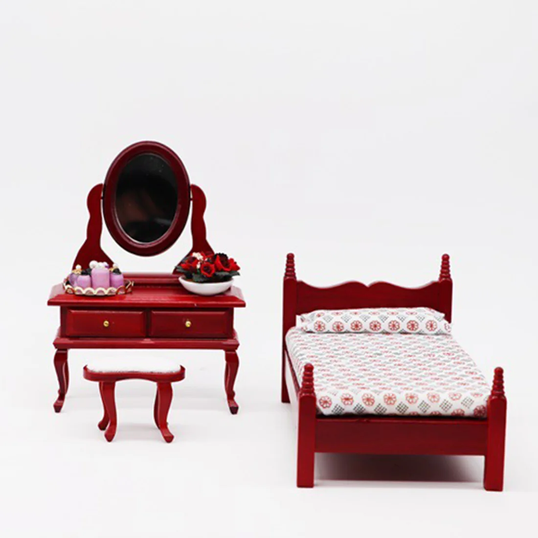  1/12 Scale Miniature Dollhouse Pocket Dressing Table Stool Set Diy Assembly Dolls Houses Accessorie