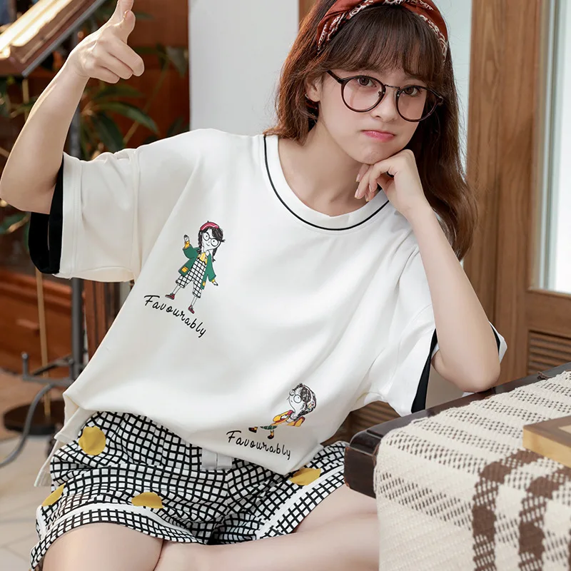 

Pajamas Women's Summer Short Sleeve Shorts Pure Cotton Summer Women's Korean Student Home Clothes Cute Cartoon Suit Cotton