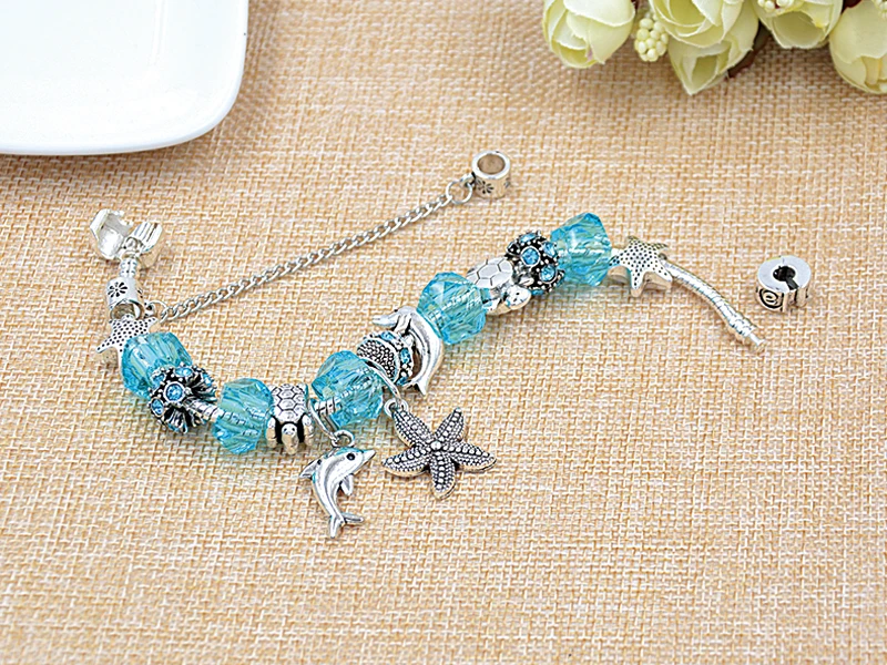 Dropshipping 5 Colors Ocean Starfish Dolphin Bead Bracelet DIY Crystal Charm Bracelets & Bangles Fashion Jewelry Gift Pulseras