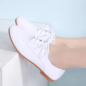 Stq 2020 spring women oxford shoes ballerina flats shoes women genuine leather shoes moccasins lace up loafers white shoes 051